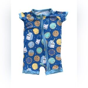 Little Sleepies Size 3-6 Months Blue Milk & Cookies Shorty Zip Bamboo Romper Pjs